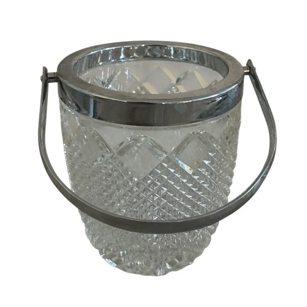 Vintage FB Rogers Mini‎ Ice Bucket Diamond Point Lead Crystal Silver Trim 4